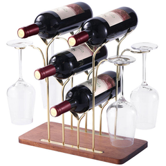 StickandSealit Countertop Wine Rack - 6-Bottle Metal Wine Holder with Wood Base & Stemware Hooks