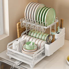 StickandSealit 2-Tier Dish Drying Rack with Drainboard & Cutlery Holder – Large Capacity Kitchen Dish Organizer with Cup Holder & Knife Slot, Rustproof Metal Dish Rack for Countertop