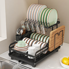 StickandSealit 2-Tier Dish Drying Rack with Drainboard & Cutlery Holder – Large Capacity Kitchen Dish Organizer with Cup Holder & Knife Slot, Rustproof Metal Dish Rack for Countertop