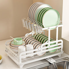 StickandSealit 2-Tier Dish Drying Rack with Drainboard & Cutlery Holder – Large Capacity Kitchen Dish Organizer with Cup Holder & Knife Slot, Rustproof Metal Dish Rack for Countertop