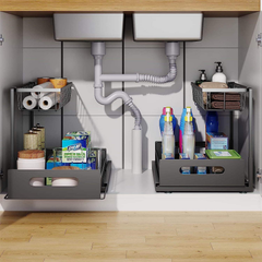 StickandSealit Multi-Purpose 2-Tier Under Sink Organizer - Sliding Storage Drawer & Hanging Basket