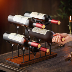 StickandSealit Countertop Wine Rack - 6-Bottle Metal Wine Holder with Wood Base & Stemware Hooks