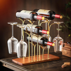 StickandSealit Countertop Wine Rack - 6-Bottle Metal Wine Holder with Wood Base & Stemware Hooks