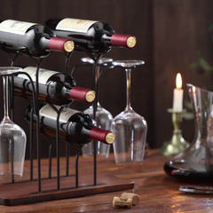 StickandSealit Countertop Wine Rack - 6-Bottle Metal Wine Holder with Wood Base & Stemware Hooks
