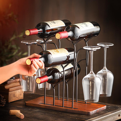 StickandSealit Countertop Wine Rack - 6-Bottle Metal Wine Holder with Wood Base & Stemware Hooks